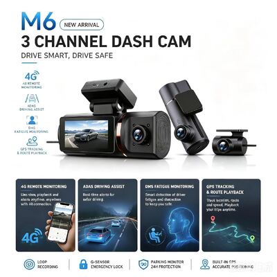 3 ช่องทาง AI 4G Dash Camera 4K หน้า, ADAS & DMS, GPS Tracking, ติดตามที่จอดรถ 24/7