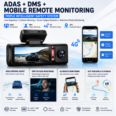 3 ช่องทาง AI 4G Dash Camera 4K หน้า, ADAS & DMS, GPS Tracking, ติดตามที่จอดรถ 24/7