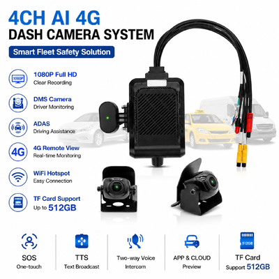 กล้องติดรถยนต์ AI อัจฉริยะ 4 ช่อง 4G, ADAS + DMS + BSD ระบบความปลอดภัยเชิงรุก, บันทึกภาพ 1080P+720P สำหรับแท็กซี่