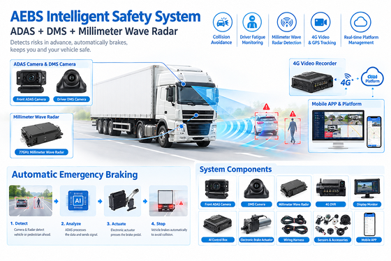 ระบบ AEBS พร้อมเรดาร์คลื่นมิลลิเมตร 77GHz, ADAS + DMS และการเชื่อมต่อ 4G/5G สำหรับระบบเทเลเมติกส์ยานพาหนะ