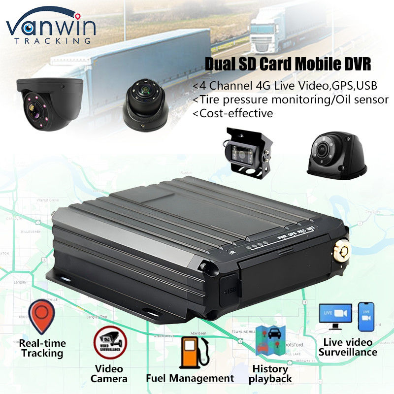 4CH 1080P Dual SD Card มือถือ DVR สนับสนุนเซ็นเซอร์น้ํามัน 4G ติดตามวิดีโอในเวลาจริง GPS Tracker