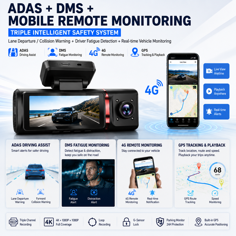 3 ช่องทาง AI 4G Dash Camera 4K หน้า, ADAS & DMS, GPS Tracking, ติดตามที่จอดรถ 24/7