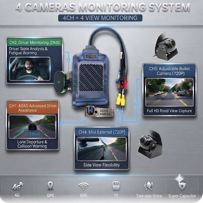 กล้องติดรถยนต์ AI อัจฉริยะ 4 ช่อง 4G, ADAS + DMS + BSD ระบบความปลอดภัยเชิงรุก, บันทึกภาพ 1080P+720P สำหรับแท็กซี่